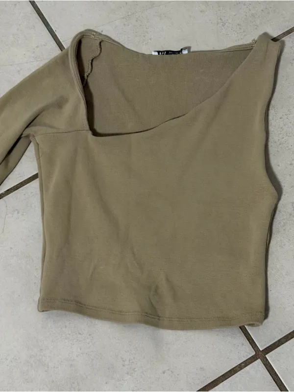 Zara Women‎ Tan Beige Ribbed Asymmetrical One-Shoulder Long Sleeve Crop Top M - Image 2
