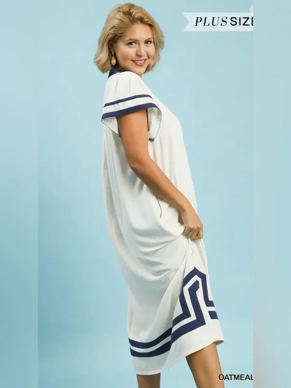 New! Umgee Linen Cotton Contrast Neckline Midi Contrast Trim Plus Size Dress XL - Image 3