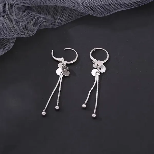 925 Silver Plated Round Disc Tassel Dangle Drop Hoop Earrings for Women - Image 4