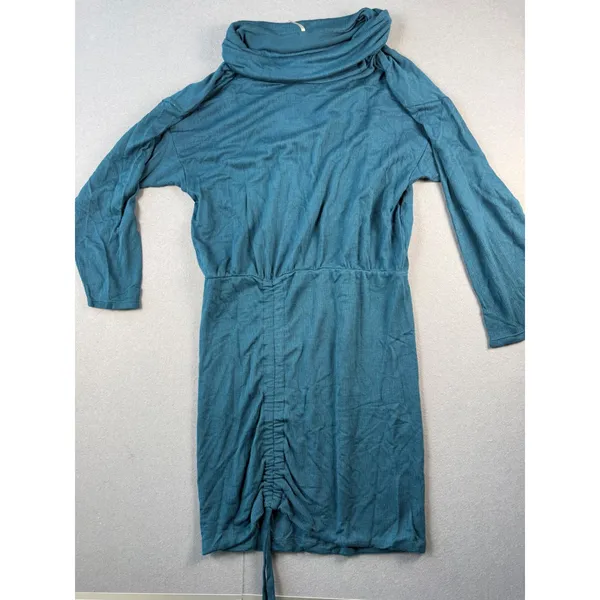 Free People Womens Teal Blue Cowl Neck Ruched Drawstring Mini Dress Size M - Image 2
