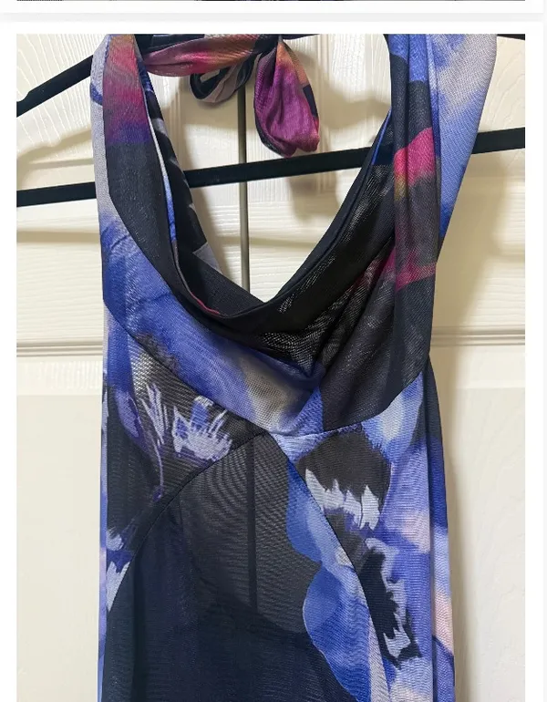 Purple Blue Floral Sheer Mesh Halter Cowl Maxi Dress - Image 2