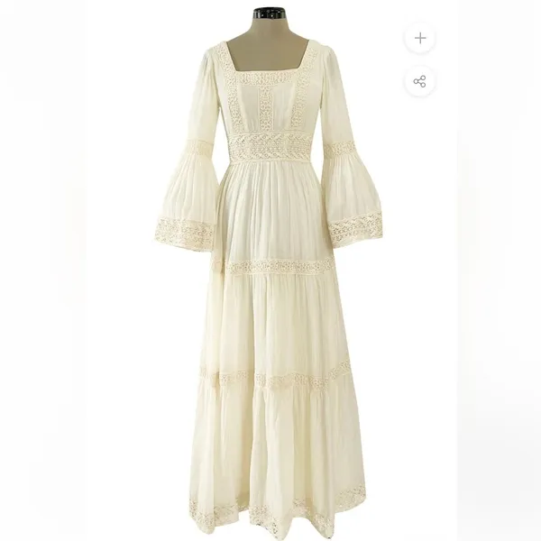 Victor Costa Mexican Wedding Dress Ivory Cotton Gauze & Lace Dress 1970 Size 0 - Image 2