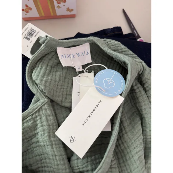 Alice Walk Top Green Organic Cotton Gauze Tie Back Long Sleeve Blouse M - Image 4
