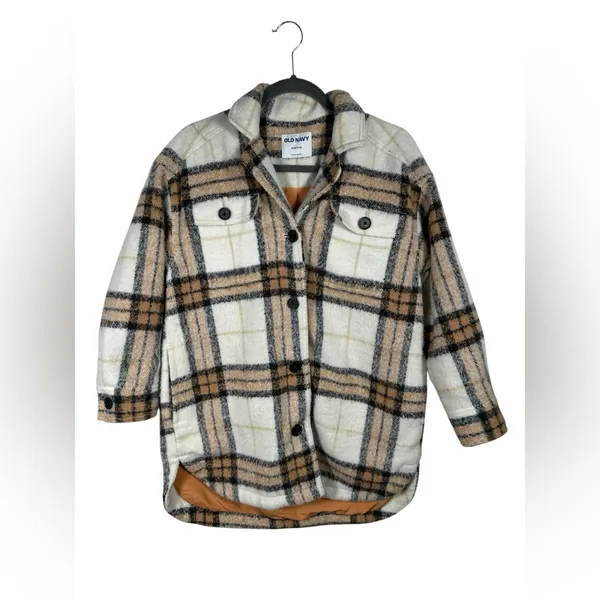 Old Navy Plaid Sherpa Jacket Petite Small Button Front Coat Tan Cream Black Warm - Image 2