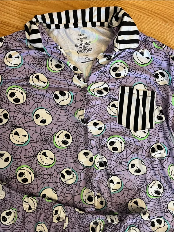 Disney Purple Skull-Print Kids Pajama Set with Black & White Stripe Trim - Image 2