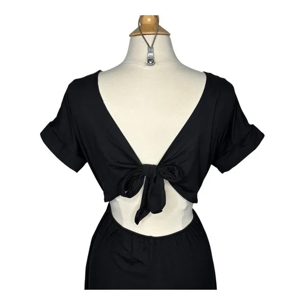 Entro Midi Dress Womens Small Black Open‎ Tie Back Short Sleeve Pockets 6164 - Image 12