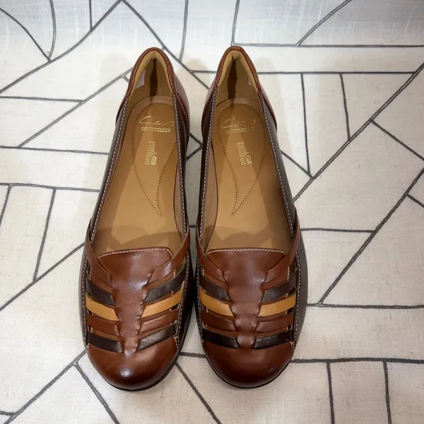Clarks Gracelin Gemma Flats 8.5 Brown Leather Woven Slip On Loafers 261252914060 - Image 6