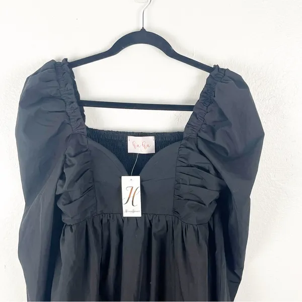 HERRINGSTONES Black Ruffle Long Sleeves Trim Smocked Back Dress, Size Large Boho - Image 10