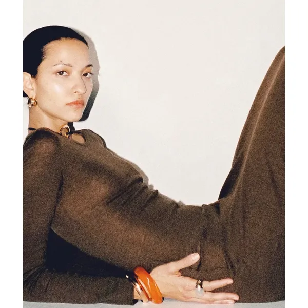 MANGO Asymmetrical Low-Knit‎ Dress Caramel Brown Long Sleeve Maxi XL - Image 6