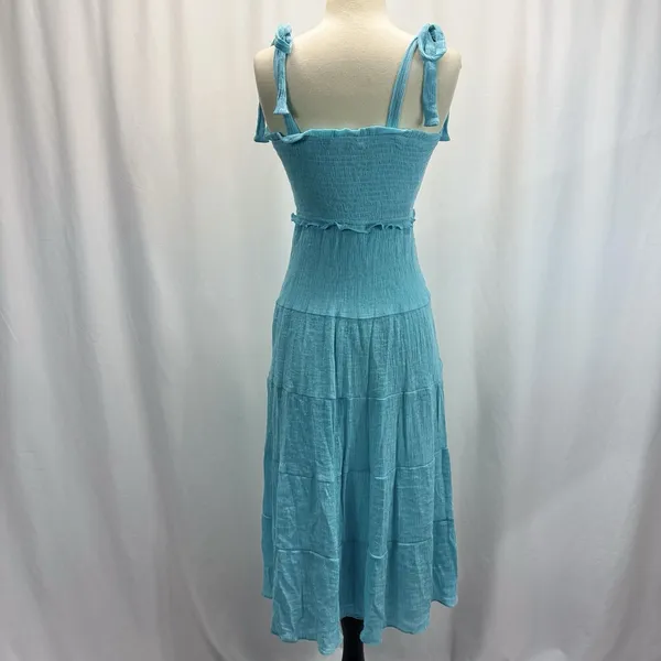 Altar’d State Floral Tiered Midi Sun Dress S Blue Green Tie Strap Smocked Bodice - Image 5