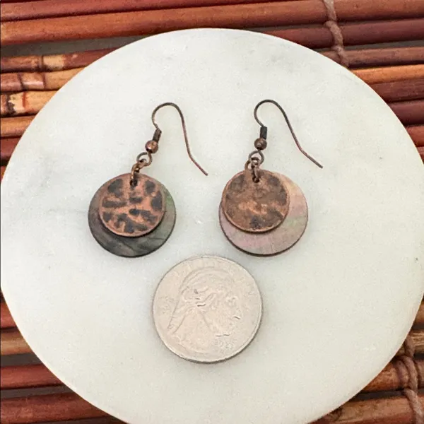 Lia Sophia Layered Hammered Copper and Iridescent Shell Drop Earrings - Image 4