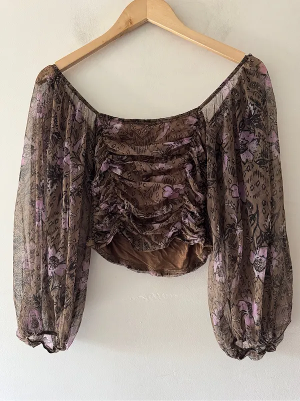 Free People Lilia Top‎ in Olive Combo Puff Sleeve - Image 5
