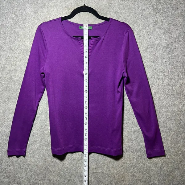 Lauren Ralph Lauren Purple‎ Long Sleeve Split Neck Top Gold Hardware Cotton Med - Image 4