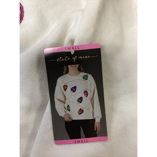 State of Mine Womens Sparkle Christmas Light Sequin Sweatshirt Cream Small 16036 - Image 2