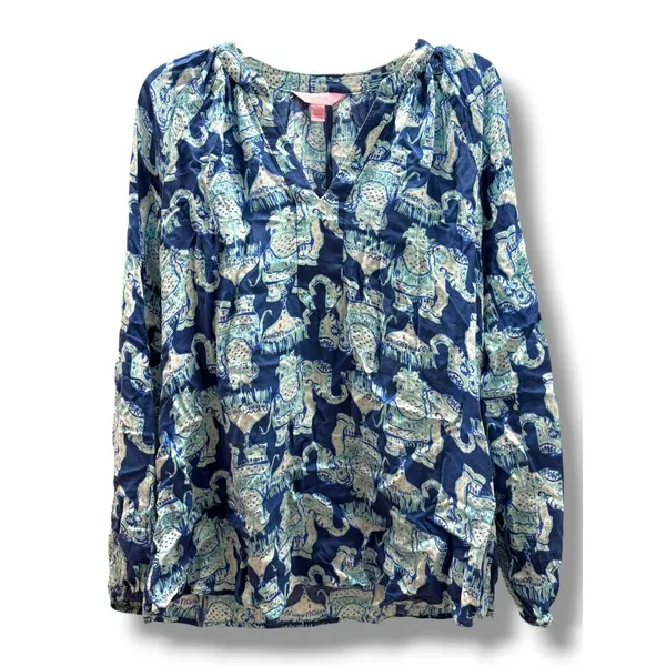 Lilly‎ Pulitzer Martinique Joy Ride Elephant Print Split Neck Rayon Blouse XXS - Image 3