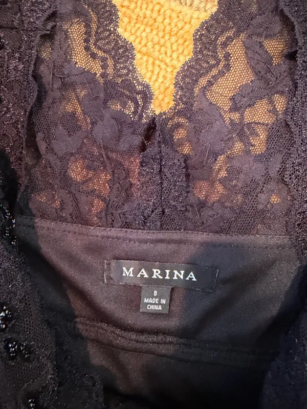 Marina Black Lace Beaded Cocktail Dress Cap Sleeves Approx Knee Length Size 8 - Image 3