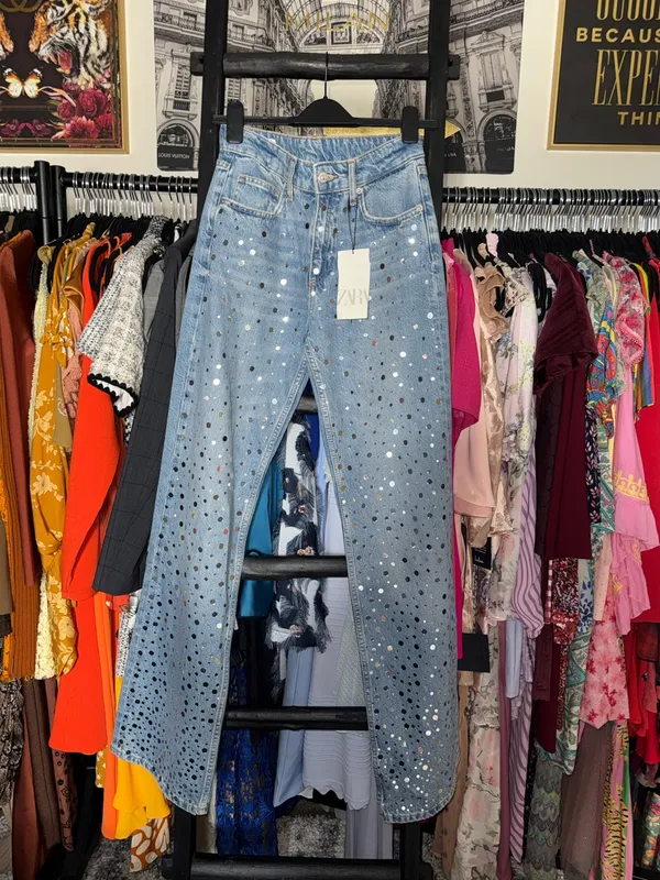 Zara Rhinestone Studded Wide Leg Jeans Light Wash Denim Womens 4 New NWT - Image 2