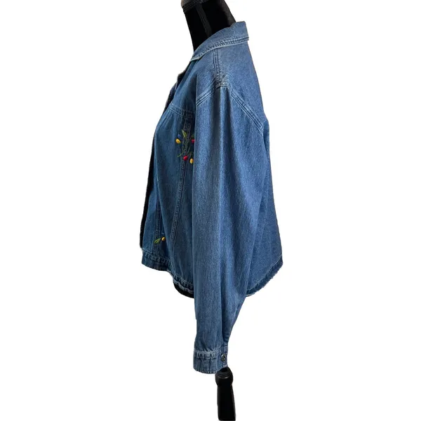 Asaro Collection Women L Denim Jacket Blue Embroidered Floral Fruit Button Front - Image 7