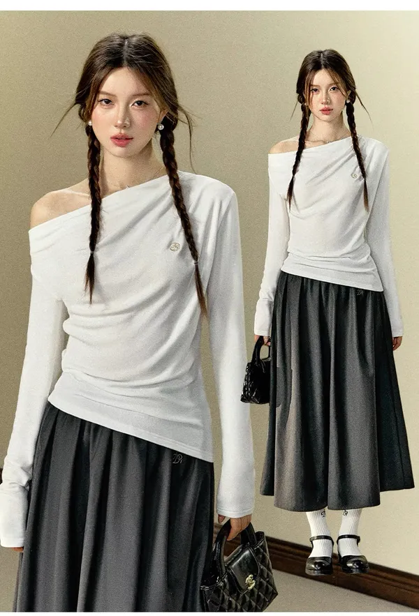 White Draped Neck Long Sleeve Top Size L - Image 2