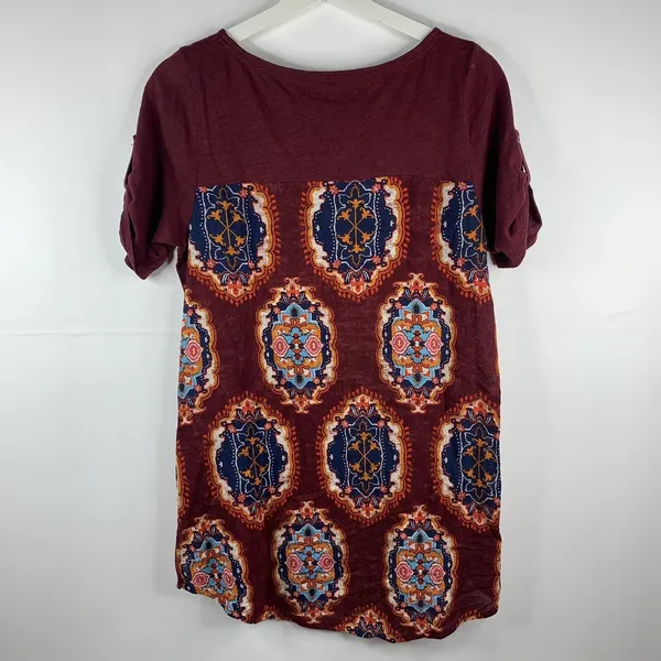 Meadow Rue Size S Top Mixed Media Medallion Print Burgundy Boho Anthropologie - Image 8