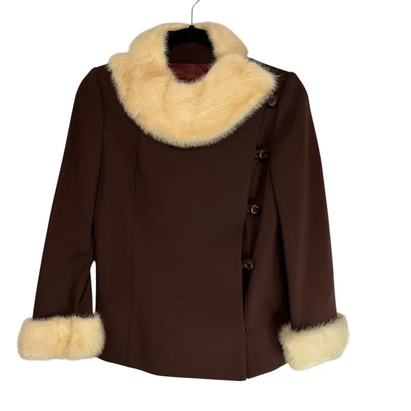 Vintage ILGWU Brown Knit Jacket Faux Fur‎ Collar Cuffs Side Button Union Made 8 - Image 8