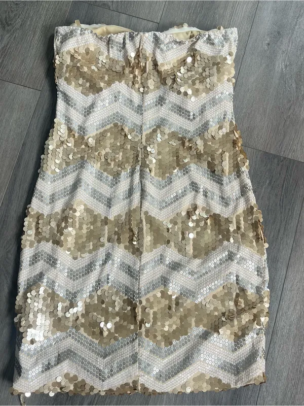 As You Wish Gold Sequin Strapless Mini Dress Chevron Party Size Large - Image 5