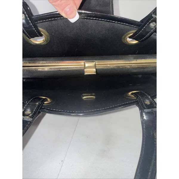 Vintage Black Patent Leather Old Money Minimalist Classic Top Handle‎ Bag Purse - Image 14