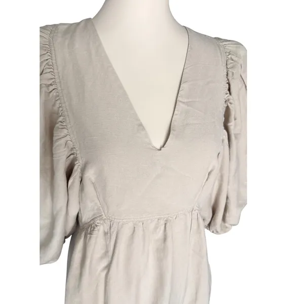 Hunter Bell Linen Blend Midi Dress M Natural Puff Sleeve V Neck Cottagecore - Image 2