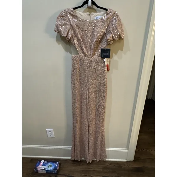 Mac Duggal Sequined Puff Shoulder Illusion Cutout Jumpsuit Blush 11273 Size 4 - Image 4
