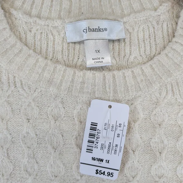 CJ Banks Womens 1X Cream Textured Knit Crew Neck Pullover Sweater NWT 006138 - Image 3