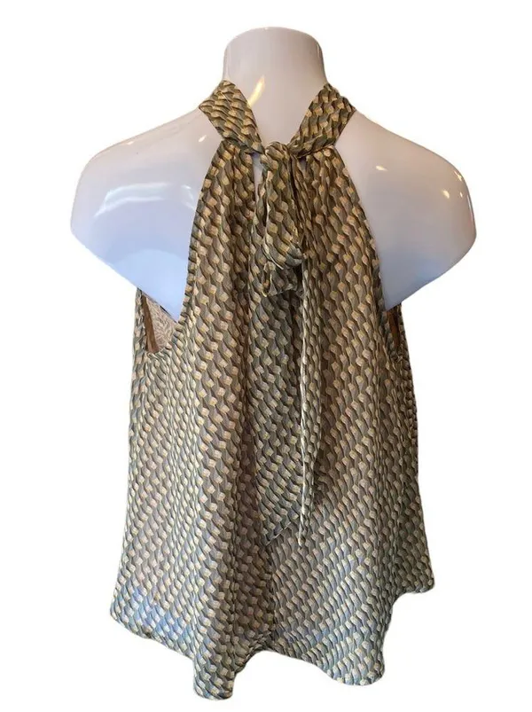 Fab'rik High Neck Halter Tie Flowy Sleeveless Top w/ Muted Geometric Pattern - Image 3