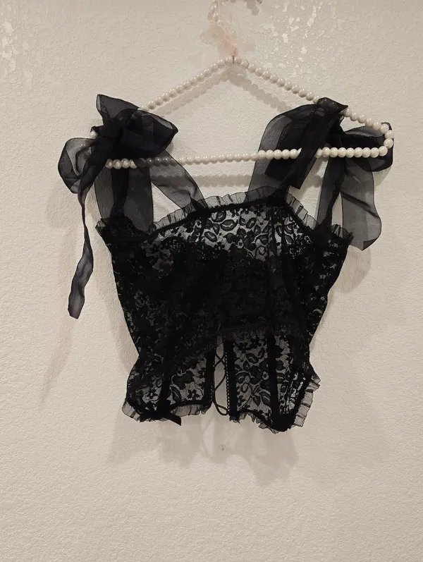 Lace Sheer Corset Top Ribbon Straps Black L - Image 3