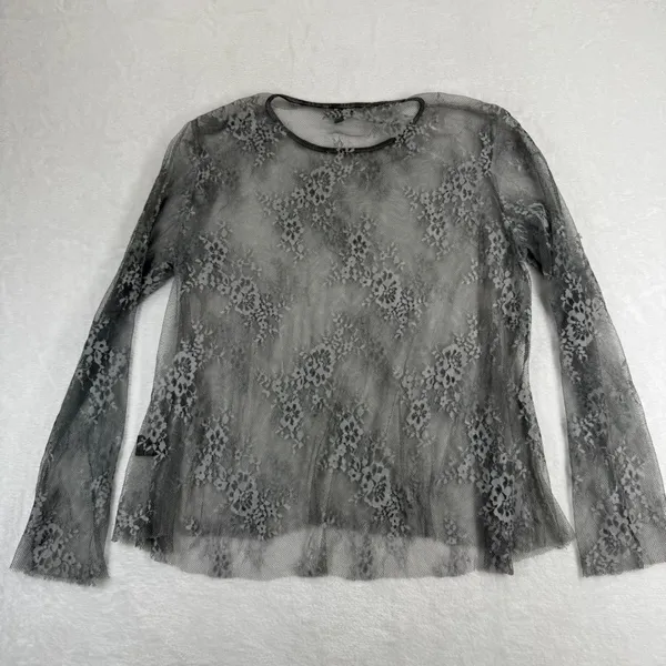 POL Womens Gray Floral Sheer‎ Lace Mesh Long Sleeve Top JFT676 Size Medium - Image 7