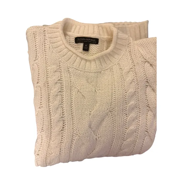 Banana Republic Snow Day Cable Knit Sweater Small Oversized Cream Cotton Wool - Image 2