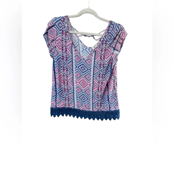 Pink Rose Large Blue Pink White Geometric Top - Image 2