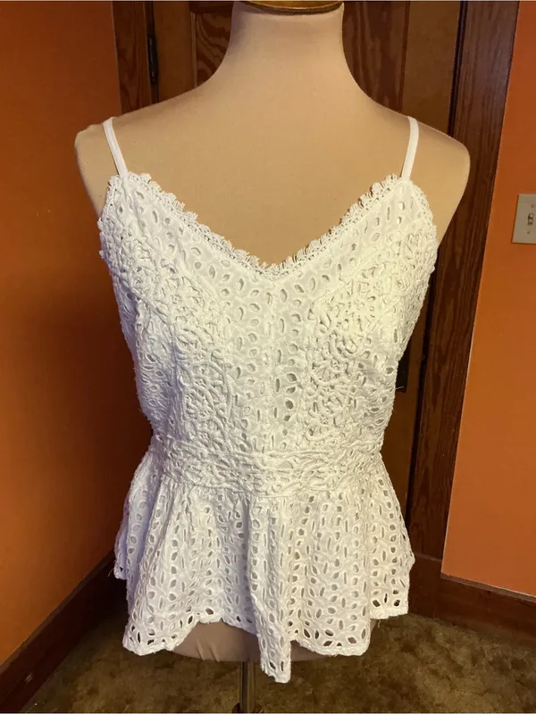 Japna White Eyelet Lace Peplum Cami Top Large Boho Cottagecore Adjustable Straps - Image 9
