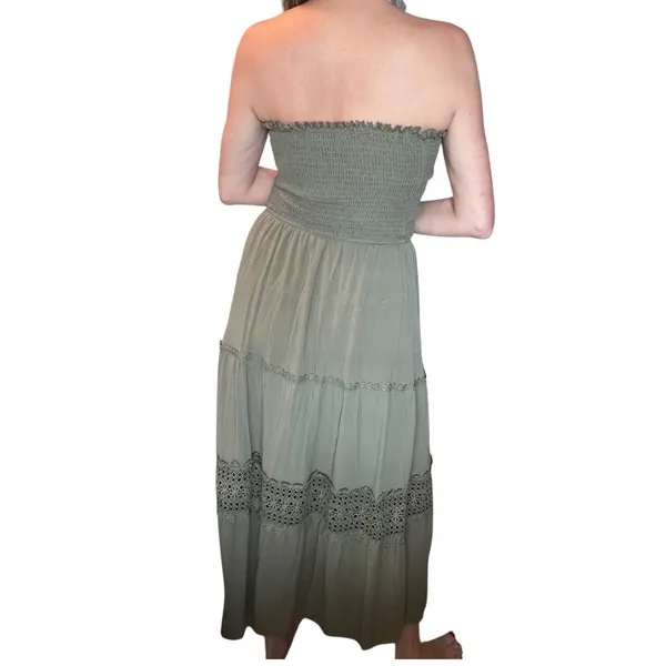 Zesica Green Rayon Strapless Smocked Maxi Dress Crochet Lace Tiered Boho Summer - Image 6