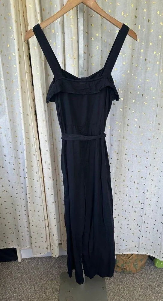 Billabong Ruffled Square Neckline Button Front Self Tie Belt Pockets Jumpsuit M - Image 7