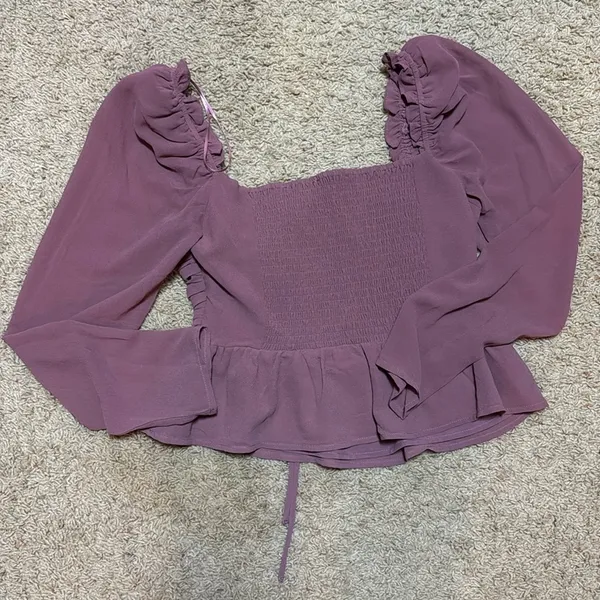 Astr Purple Pink Puff Sleeve Ruched Peplum Blouse - Image 4