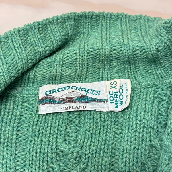 Vintage Aran Crafts Merino Wool Cable‎ Knit Button Cardigan Sweater Green XS - Image 7