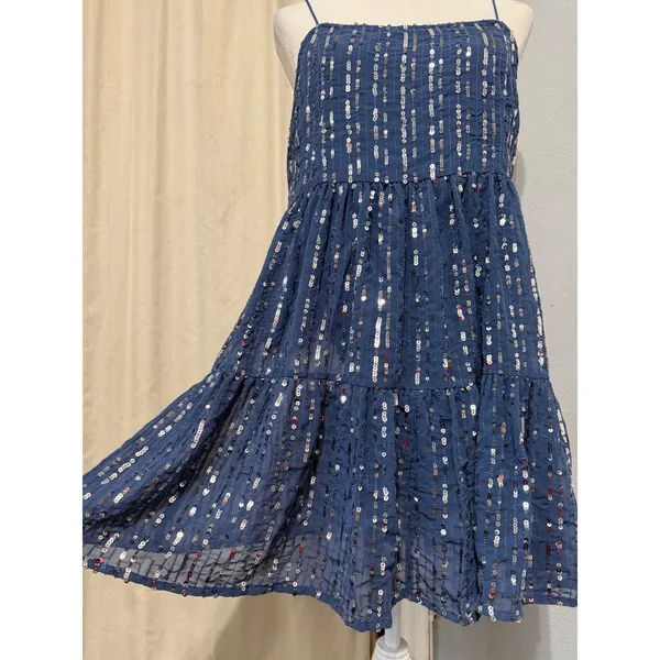 Urban Outfitters Mini Dress L Blue Sequin Babydoll Tiered Square Neck Y2K Indie - Image 12