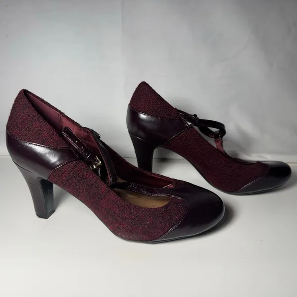 Giani Bernini Vineza Size 6 Memory Foam Burgundy Sweater Tweed Heels T-Strap 60s - Image 7