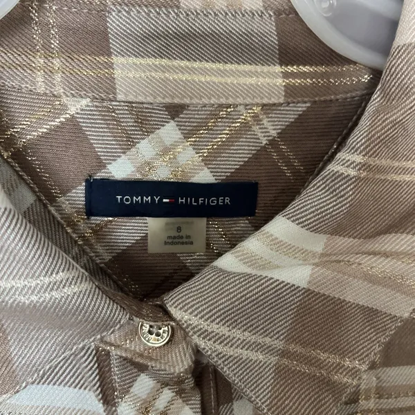 Tommy Hilfiger Womens Metallic Plaid Shirtdress Taupe NWT Size 8 Preppy Classic - Image 7