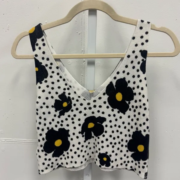 UO Urban Outfitters Floral Polka Dot Ribbed Knit‎ Crop Tank Top Blk White Sm - Image 4