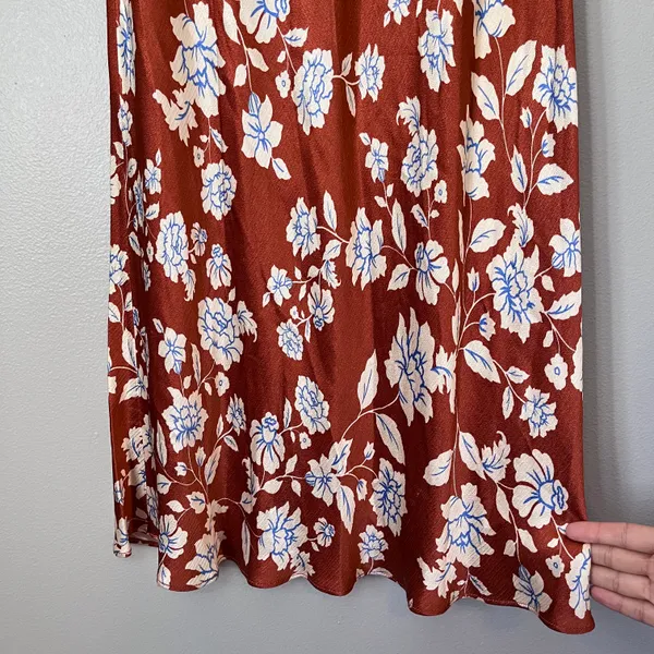 Bec + Bridge Blossom Strapless Satin Floral Cowl Back Maxi Dress Rust Red - Image 3