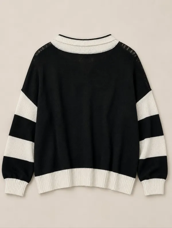 Oversized Striped Polo Sweater Women Large V-Neck Knit Pullover Preppy Normcore - Image 3