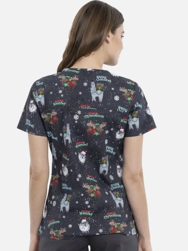 Cherokee Women's Sz Large Merry Whatever Scrub Top Gray V-Neck Holiday Christmas - Image 3