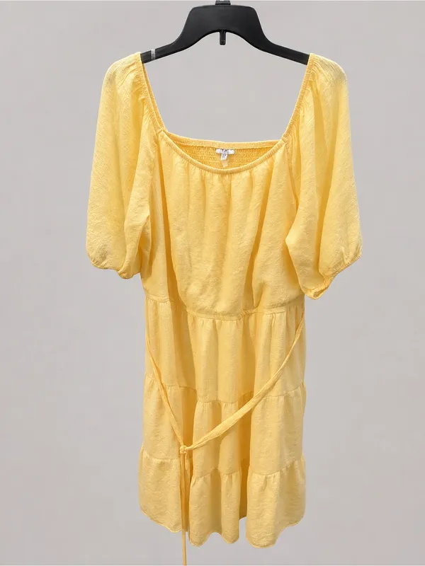 Women’s Plus Size 2X Yellow Square Neck Puff Sleeve Tiered Midi Dress - Image 3