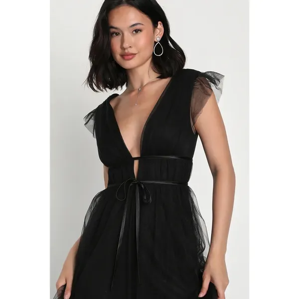 NWT Lulus I'm All Yours Black Tulle Ruffled Maxi Dress Debut Wedding Size XS - Image 2
