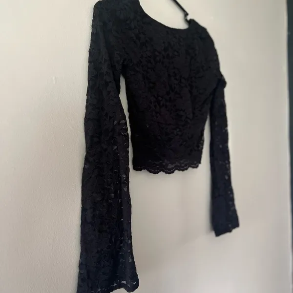 Black Embellished Bell Sleeve Crop Top - Image 3